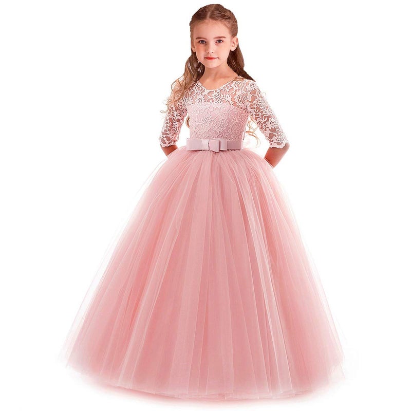 HIHCBF Flower Girls 3/4 Sleeves Lace Tulle A-Line Dress Floor Length Pageant Party Wedding Maxi Evening Dance Prom Ball Gown Pink 2-3T - Image 1